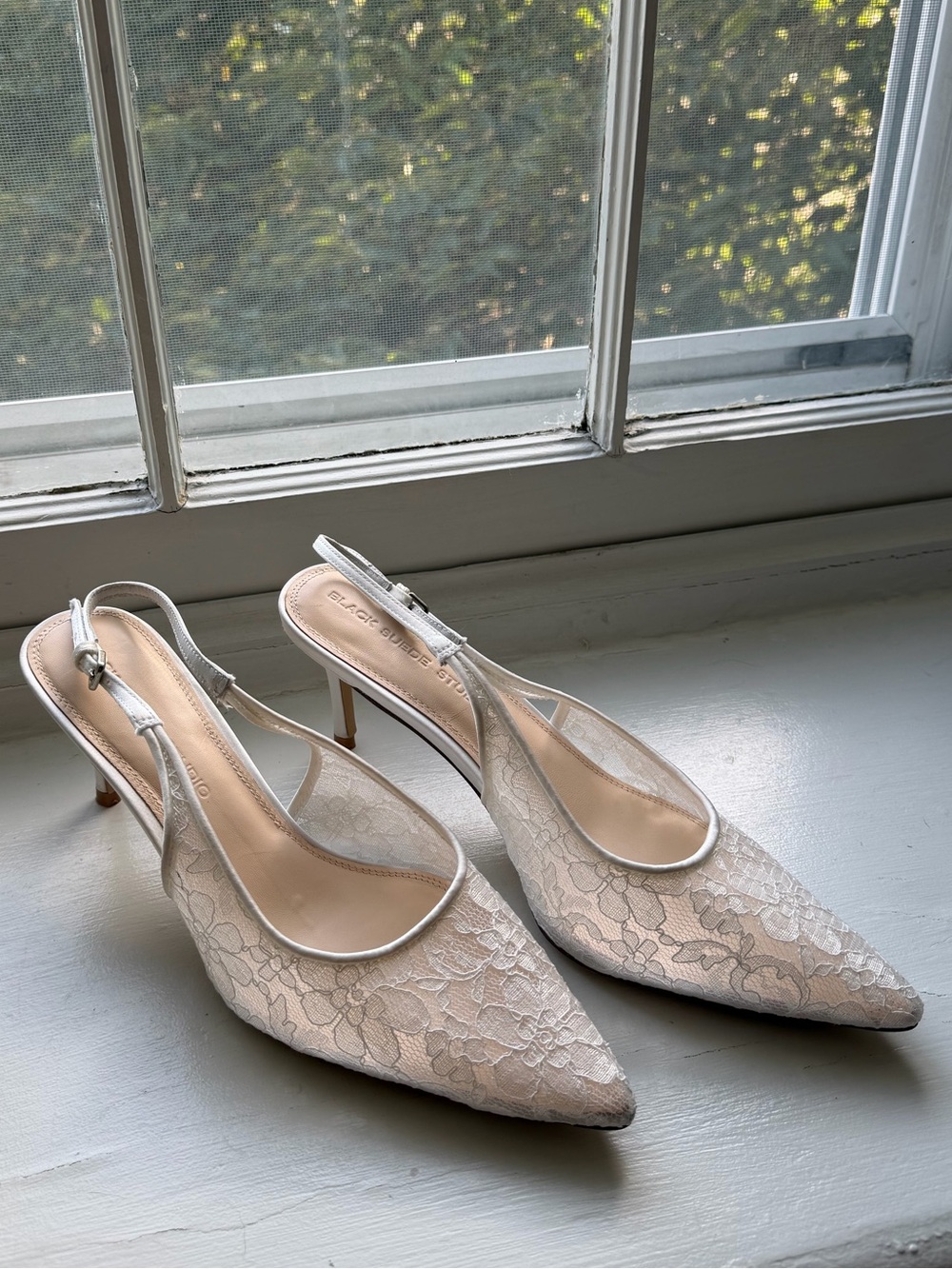 Black Suede Studio Cream Lace Pointed Slingback Heels